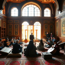 An Iranian music conservatory, filled with traditional musical instruments like the santur, tar, and daf, in a beautifully designed room adorned with intricate Persian carpet patterns