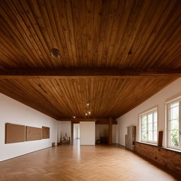 A creative and inspiring art studio inside a museum, characterized by a traditional wooden ceiling.