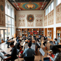 An interior view of a modern Iranian music conservatory, showcasing a spacious and elegant design with high ceilings and large windows that allow natural light to flood the space