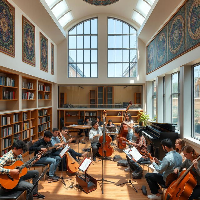 An interior view of a modern Iranian music conservatory, showcasing a spacious and elegant design with high ceilings and large windows that allow natural light to flood the space