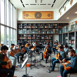 An interior view of a modern Iranian music conservatory, showcasing a spacious and elegant design with high ceilings and large windows that allow natural light to flood the space