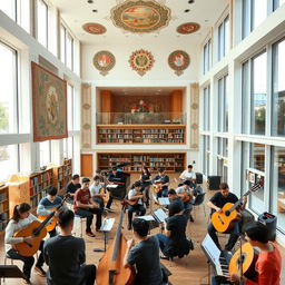 An interior view of a modern Iranian music conservatory, showcasing a spacious and elegant design with high ceilings and large windows that allow natural light to flood the space