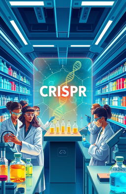 An artistic representation of CRISPR-Cas9 technology, illustrated as a futuristic laboratory scene