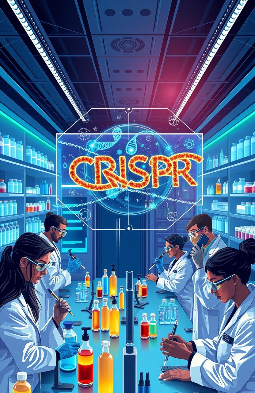 An artistic representation of CRISPR-Cas9 technology, illustrated as a futuristic laboratory scene