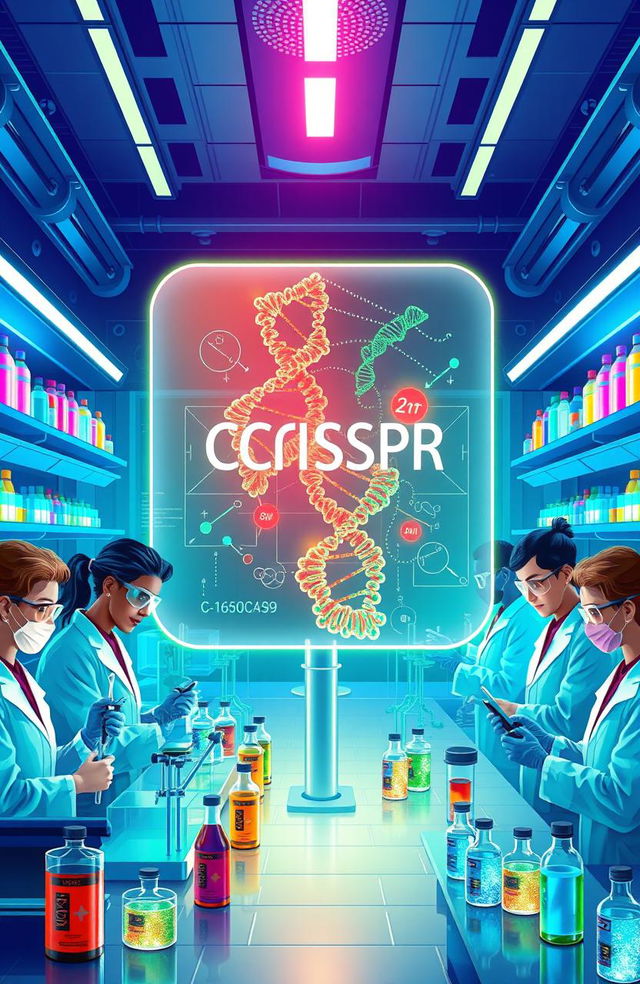 An artistic representation of CRISPR-Cas9 technology, illustrated as a futuristic laboratory scene