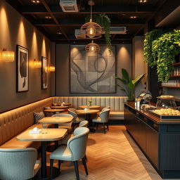 A cozy, upscale café interior designed for small business meetings, occupying 28 square meters