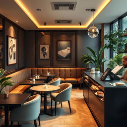 A cozy, upscale café interior designed for small business meetings, occupying 28 square meters