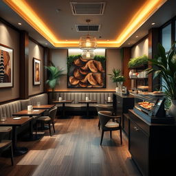 A cozy, upscale café interior designed for small business meetings, occupying 28 square meters