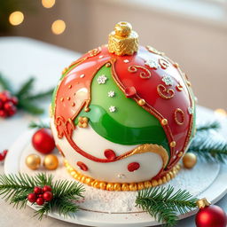A whimsical 3D cake designed to resemble a Christmas tree ornament
