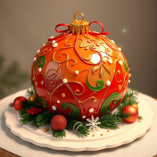 A whimsical 3D cake designed to resemble a Christmas tree ornament