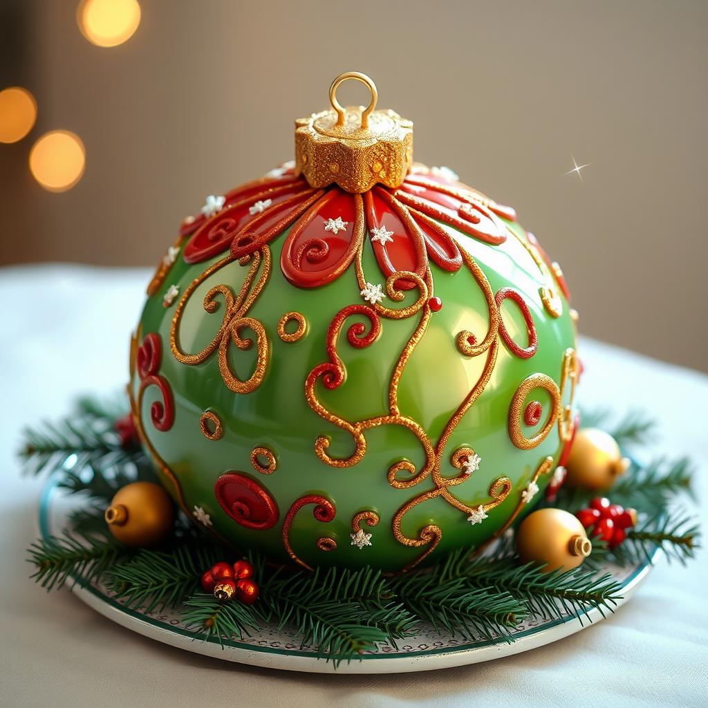 A whimsical 3D cake designed to resemble a Christmas tree ornament