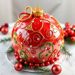 A whimsical 3D cake designed to resemble a Christmas tree ornament