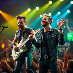 A dynamic and charismatic portrait of Matthew Bellamy, the lead singer of Muse, and Aaron Paul, the actor known for his role in Breaking Bad