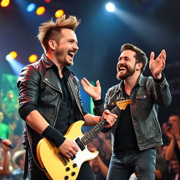 A dynamic and charismatic portrait of Matthew Bellamy, the lead singer of Muse, and Aaron Paul, the actor known for his role in Breaking Bad