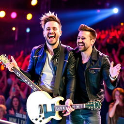 A dynamic and charismatic portrait of Matthew Bellamy, the lead singer of Muse, and Aaron Paul, the actor known for his role in Breaking Bad