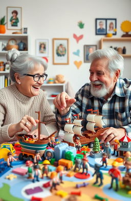 A joyful scene featuring elderly grandparents playing with Playmobil toys