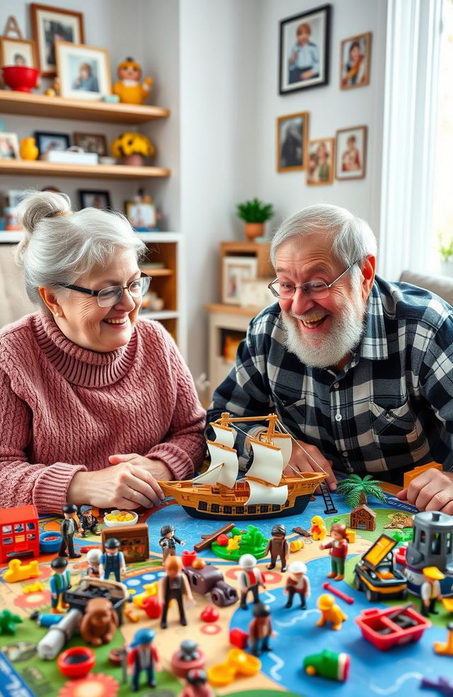 A joyful scene featuring elderly grandparents playing with Playmobil toys