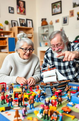 A joyful scene featuring elderly grandparents playing with Playmobil toys