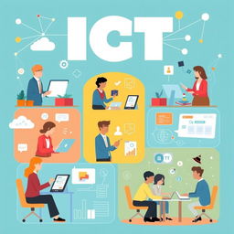 A vibrant and informative poster illustrating the role of information and communication technology (ICT) in modern workplaces