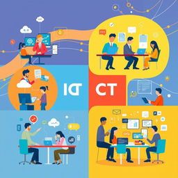 A vibrant and informative poster illustrating the role of information and communication technology (ICT) in modern workplaces
