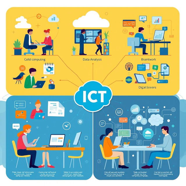 A vibrant and informative poster illustrating the role of information and communication technology (ICT) in modern workplaces