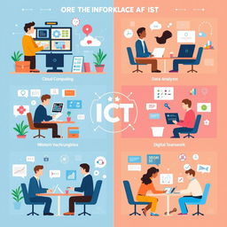 A vibrant and informative poster illustrating the role of information and communication technology (ICT) in modern workplaces