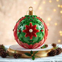 A beautifully crafted 3D cake designed to resemble a Christmas tree ornament