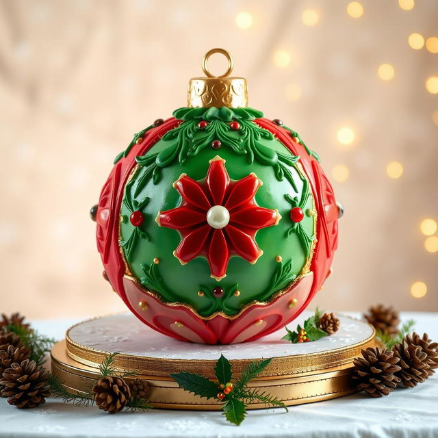 A beautifully crafted 3D cake designed to resemble a Christmas tree ornament