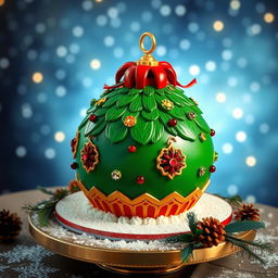 A beautifully crafted 3D cake designed to resemble a Christmas tree ornament