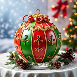 A beautifully crafted 3D cake designed to resemble a Christmas tree ornament