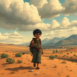 A poignant and evocative illustration depicting a Mexican orphan's journey through America, capturing the essence of solitude and resilience