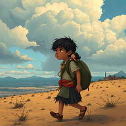 A poignant and evocative illustration depicting a Mexican orphan's journey through America, capturing the essence of solitude and resilience