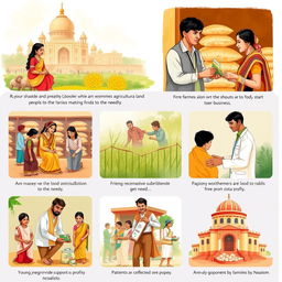 A heartfelt illustration depicting a mother and sisters paying homage to laborers while providing agricultural land