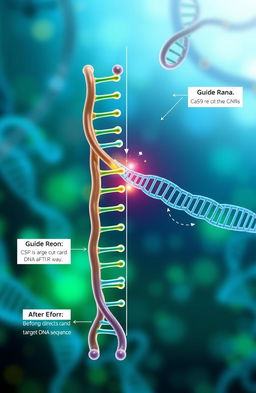 A detailed scientific illustration of the CRISPR-Cas9 gene editing mechanism, showcasing the Cas9 protein and guide RNA strands in action