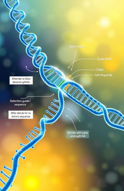 A detailed scientific illustration of the CRISPR-Cas9 gene editing mechanism, showcasing the Cas9 protein and guide RNA strands in action