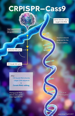 A detailed scientific illustration of the CRISPR-Cas9 gene editing mechanism, showcasing the Cas9 protein and guide RNA strands in action
