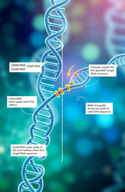 A detailed scientific illustration of the CRISPR-Cas9 gene editing mechanism, showcasing the Cas9 protein and guide RNA strands in action