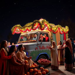 A beautifully designed truck celebrating the Yalda Night festival, adorned with festive decorations and vibrant colors