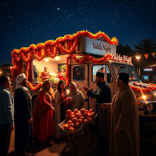 A beautifully designed truck celebrating the Yalda Night festival, adorned with festive decorations and vibrant colors