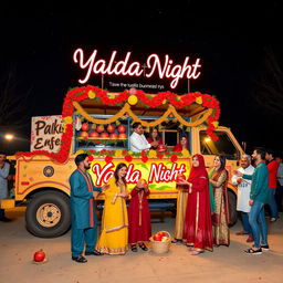 A beautifully designed truck celebrating the Yalda Night festival, adorned with festive decorations and vibrant colors