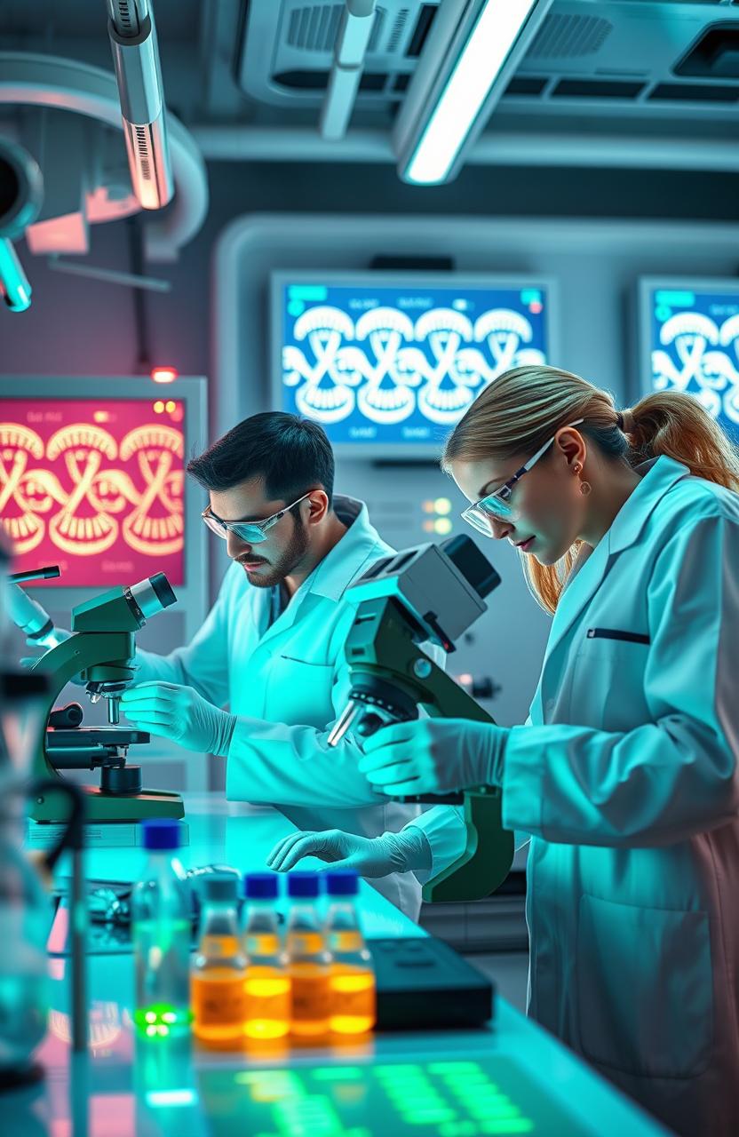 A futuristic laboratory scene where scientists are using CRISPR-Cas9 technology to edit genes