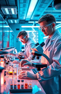 A futuristic laboratory scene where scientists are using CRISPR-Cas9 technology to edit genes