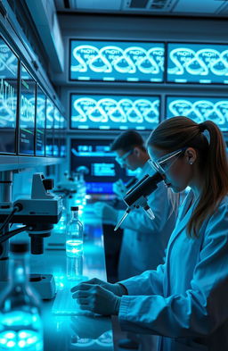 A futuristic laboratory scene where scientists are using CRISPR-Cas9 technology to edit genes