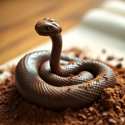 A beautifully crafted chocolate snake with a glossy, smooth finish, artistically shaped to resemble a real snake