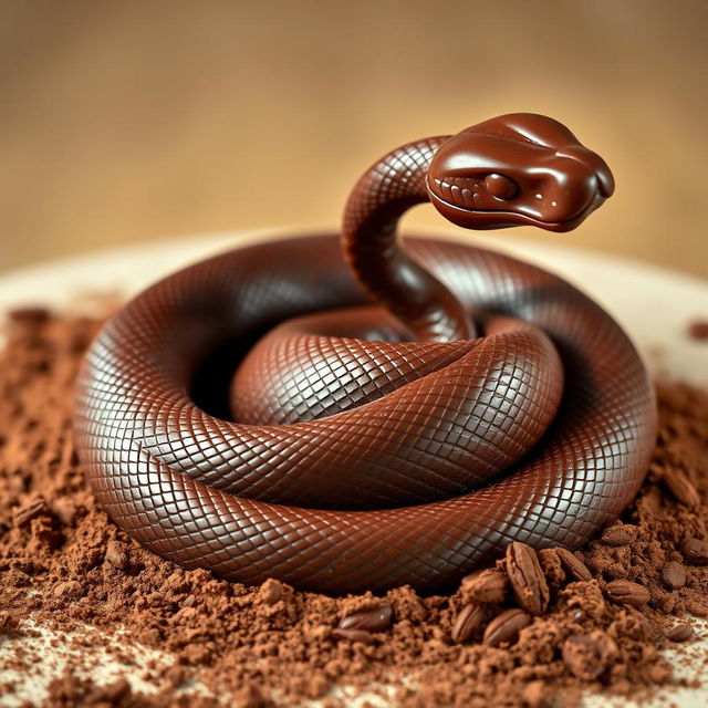 A beautifully crafted chocolate snake with a glossy, smooth finish, artistically shaped to resemble a real snake