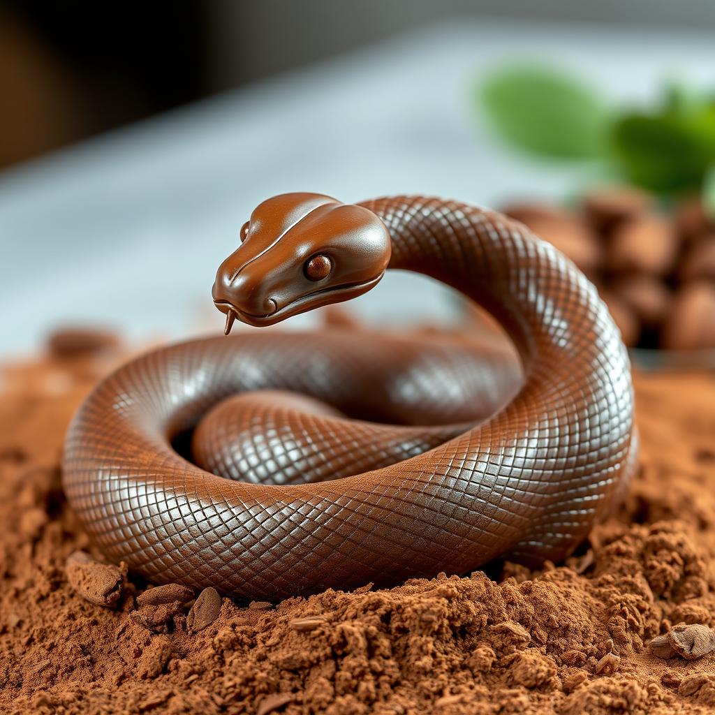 A beautifully crafted chocolate snake with a glossy, smooth finish, artistically shaped to resemble a real snake