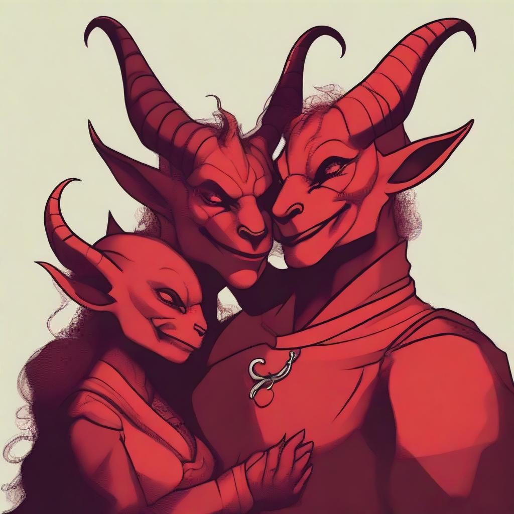 A family portrait of three Tieflings in a high-quality digital art format