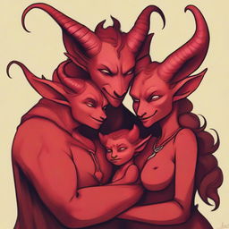 A family portrait of three Tieflings in a high-quality digital art format