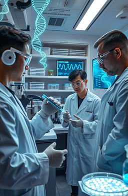 A futuristic laboratory scene showcasing scientists actively using CRISPR-Cas9 technology