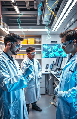 A futuristic laboratory scene showcasing scientists actively using CRISPR-Cas9 technology